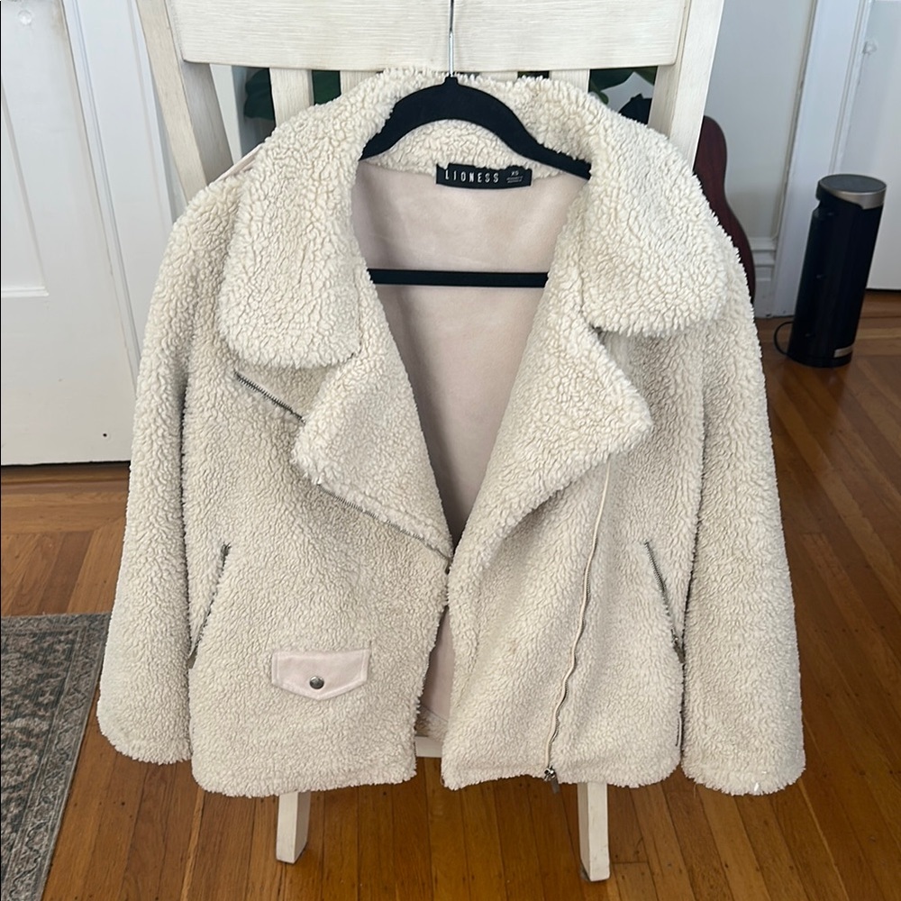 Lioness Oversized Cream Teddy Jacket Plush Moto Style